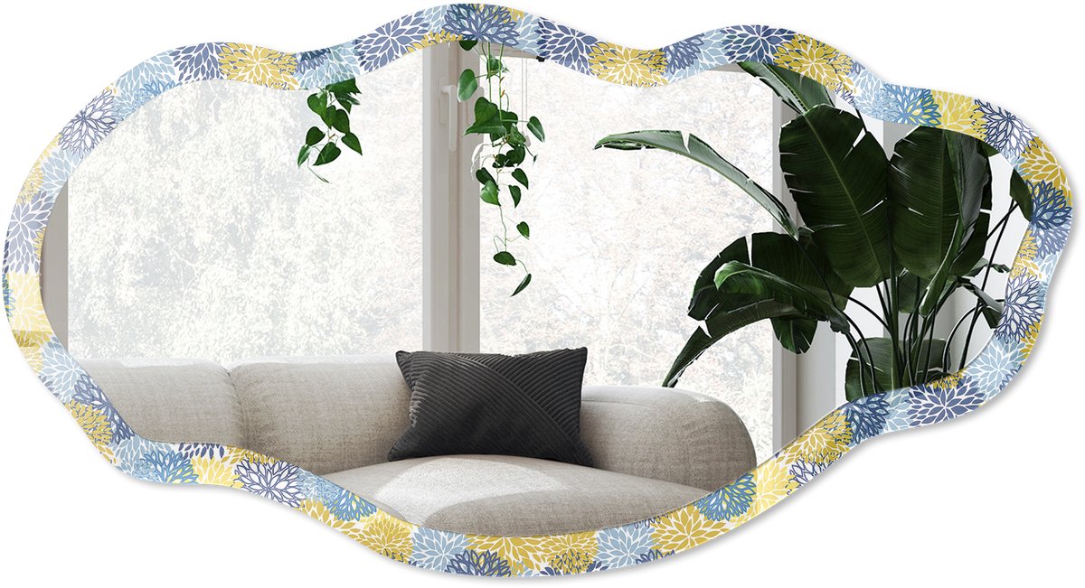 Wallfluent Plantenpatroon Spiegel - Geel Rechthoekige Spiegel Voor Interieur - Organische Spiegel - Woonkamer - Abstract - 45x90 cm - Totale afmeting 52x97 cm