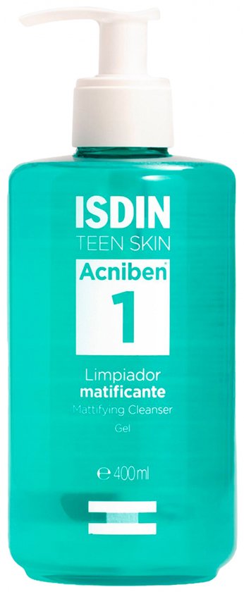 ISDIN Teen Skin Acniben 1, nettoyant matifiant, 400ml, flacon turquoise avec distributeur pompe blanc.