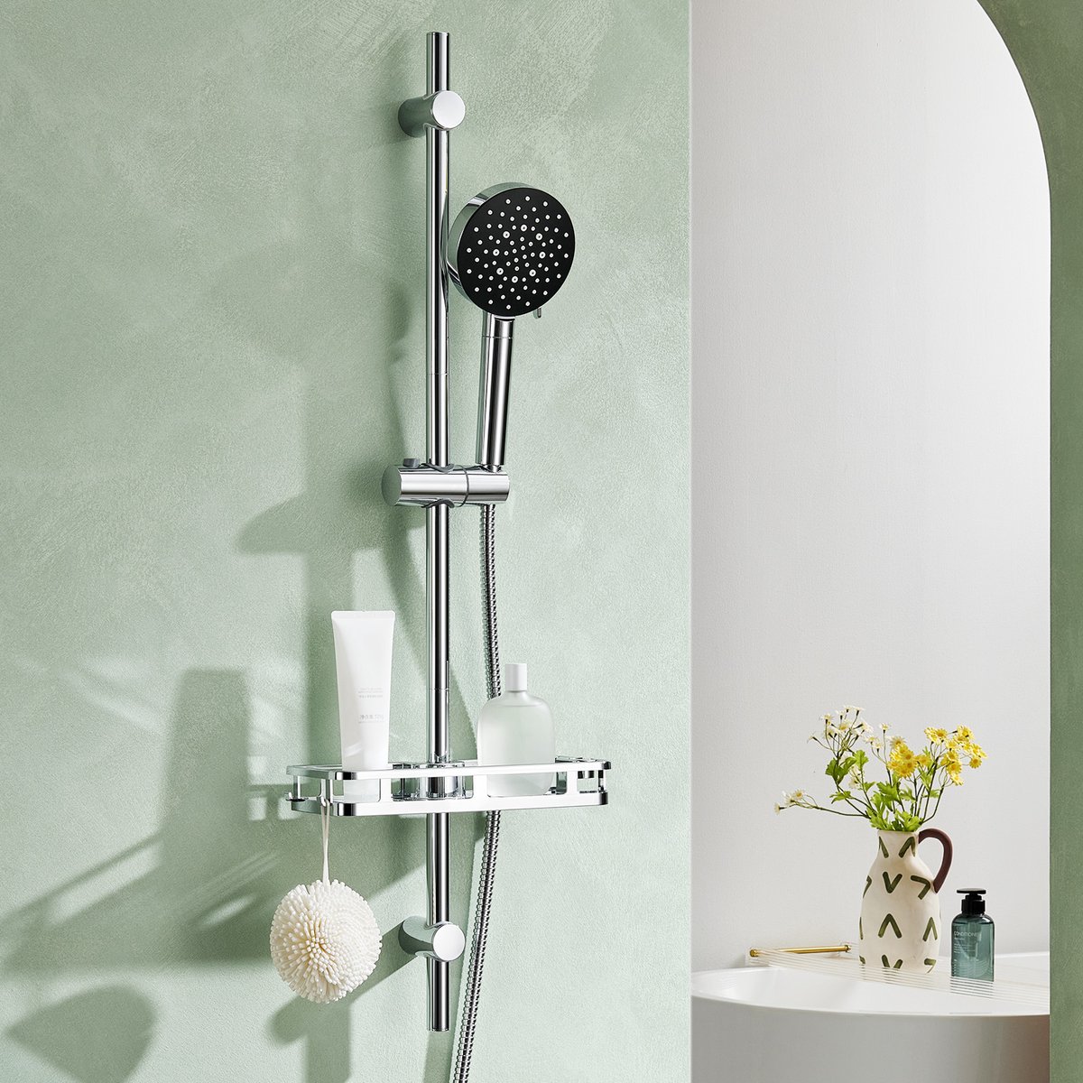 Auralum Max Doucheset met Handdouche - 90 cm Glijstang - Handdouche met Filter - Douchekop Ø 12 cm - 6 Standen - Inclusief Boorvrije Plank - Doucheslang 150 cm - RVS Complete Glijstangset - Waterbesparend - Chroom&Zwart