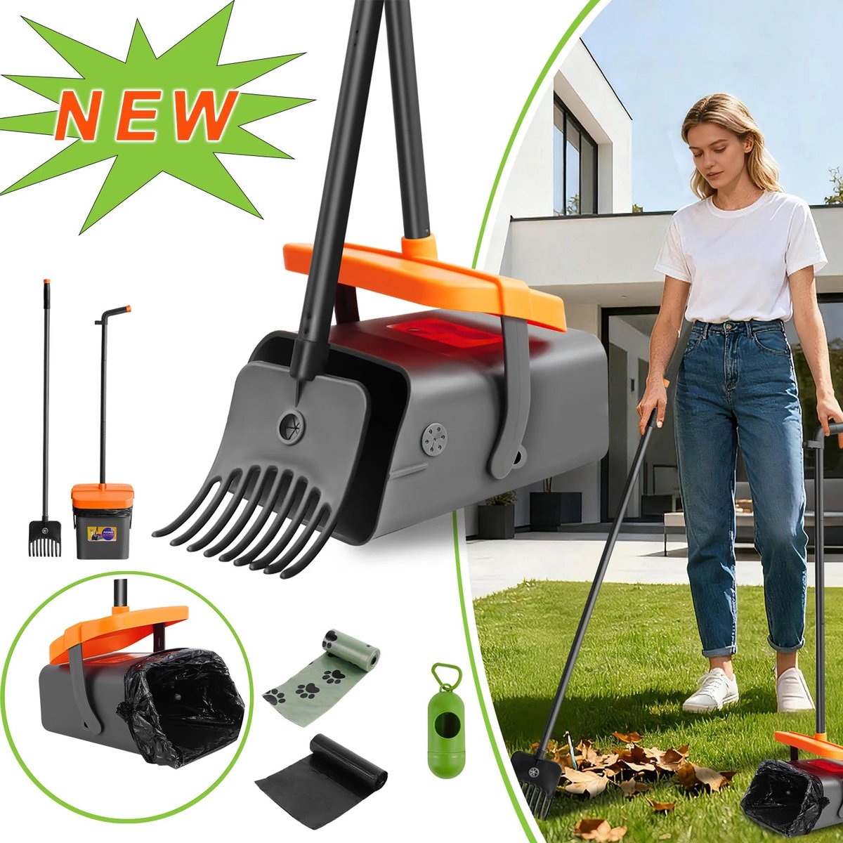 Home & Beyond® Poepschep voor Honden - Afsluitbare Poepschepset met Hark en Afvalbak - Oranje/Zwart - 116 cm