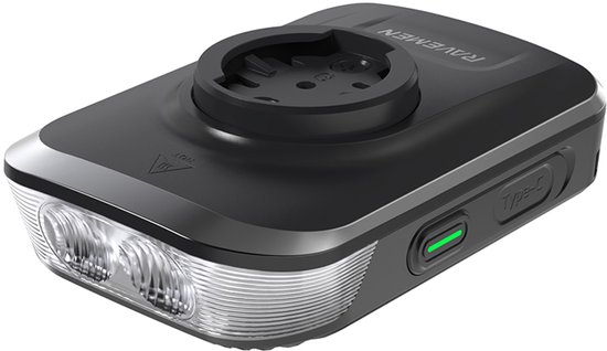 Lampe de vélo noire avec deux lentilles, accents argentés sur le devant et un support compatible Garmin.