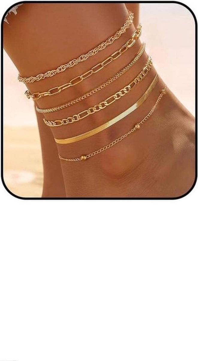Set van 5 goudkleurige enkelbanden voor dames, waterbestendig, Cubaanse schakels, gelaagdheid - cadeau - trendaccessoires.