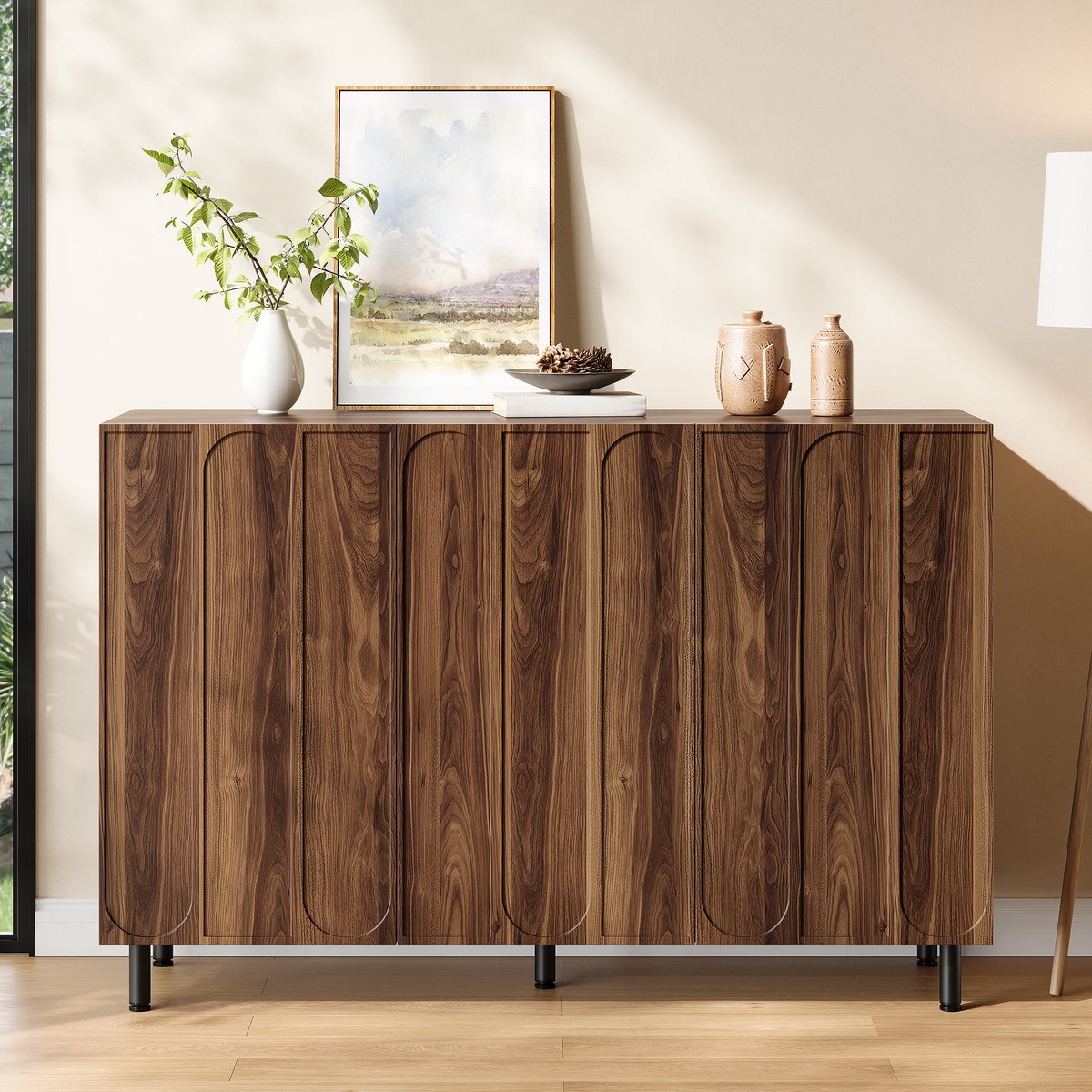 OKWISH Schoenenkast Met 3 Deuren Verstelbare Legplanken En Gedempte Scharnieren Voor Hal En Woonkamer Walnut 120 X 37 X 80 Cm