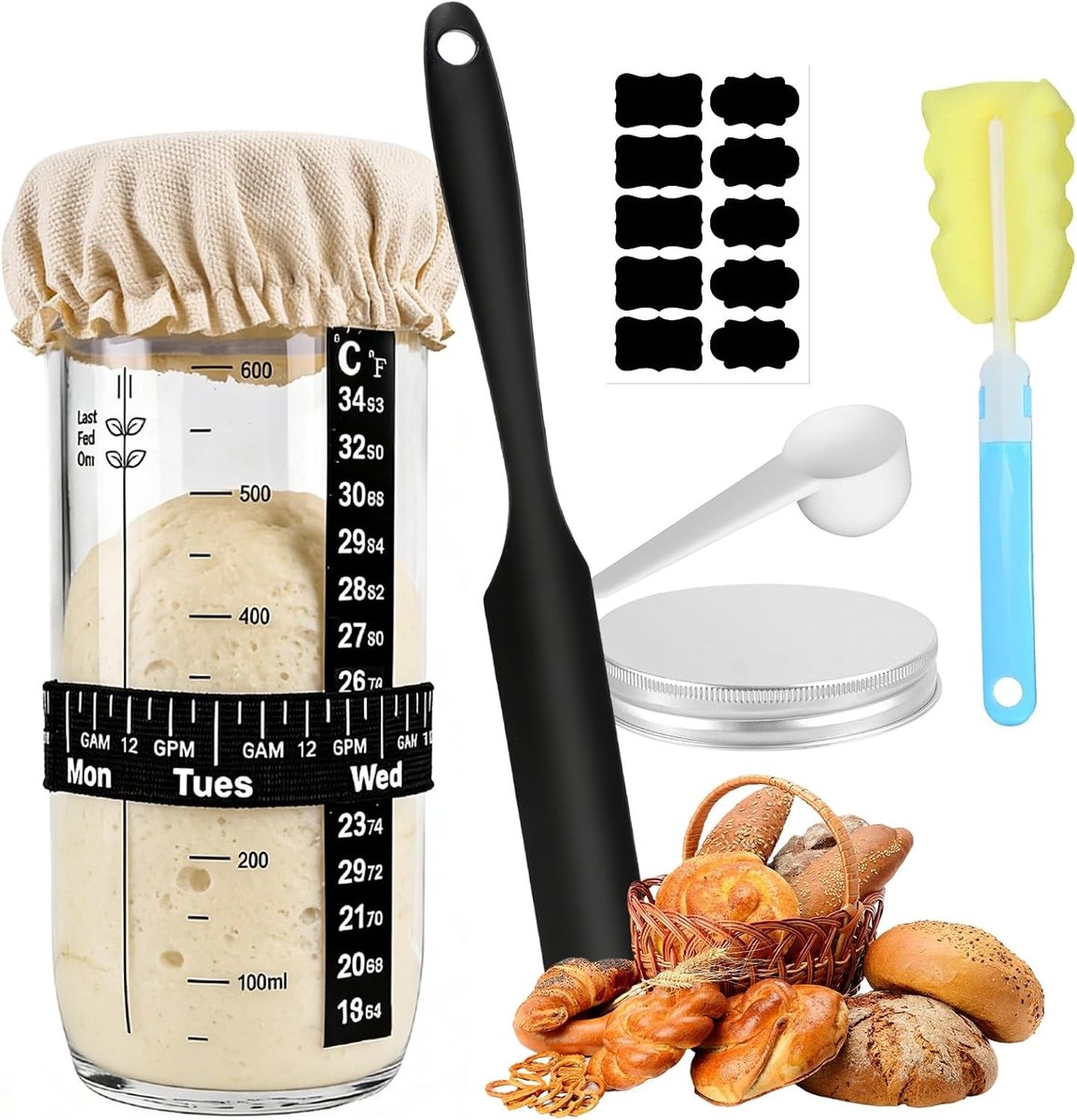Zuurdesem starterset - Transparant - 730 ml - Glas met Aluminium Deksel en Bakaccessoires - Voor Thuisbrood