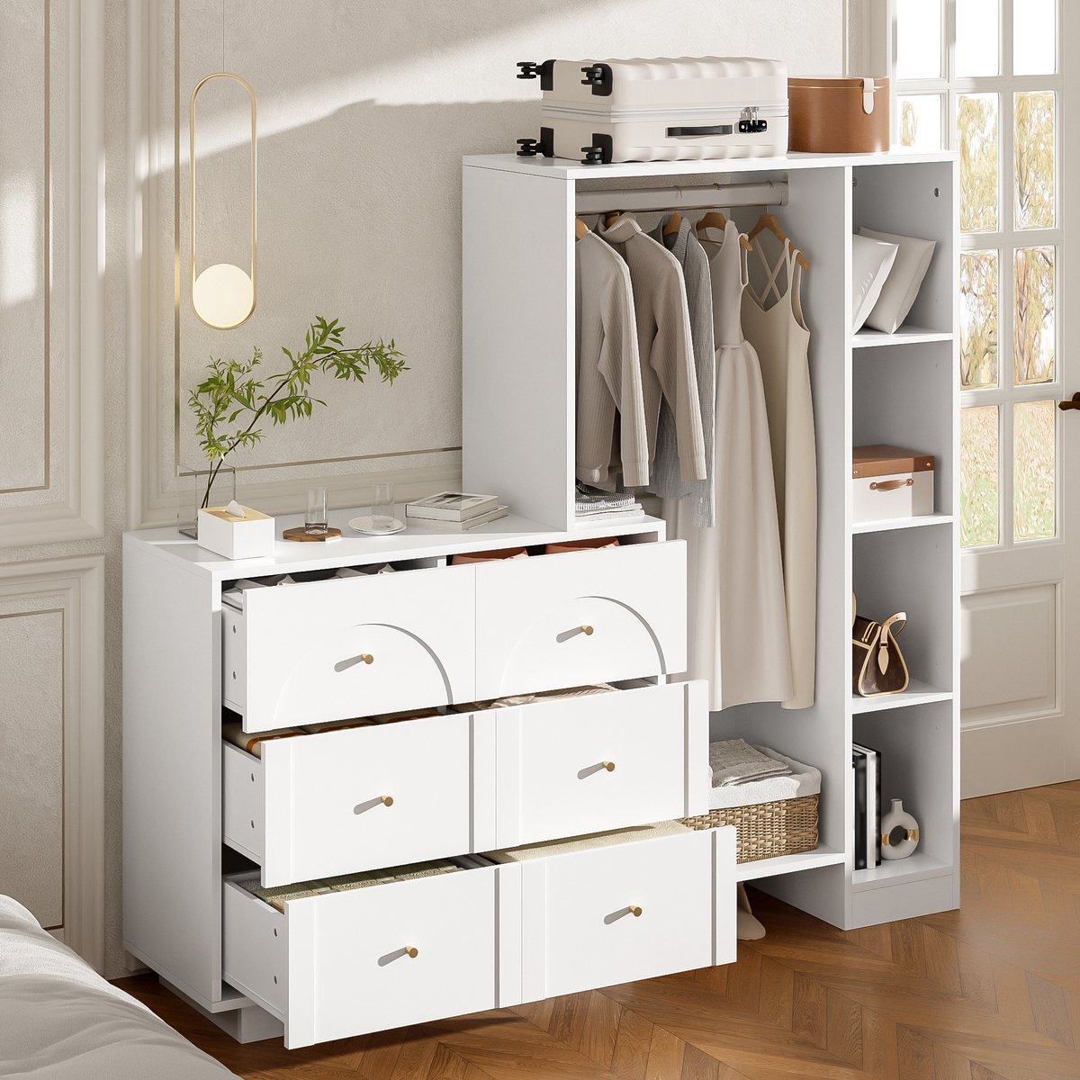 OKWISH Kledingkast - Open Kast Met 6 Lades En Hanggedeelte - Voor Slaapkamer Opbergen - Spaanplaat En Metaal - 139 x 35 x 133 cm