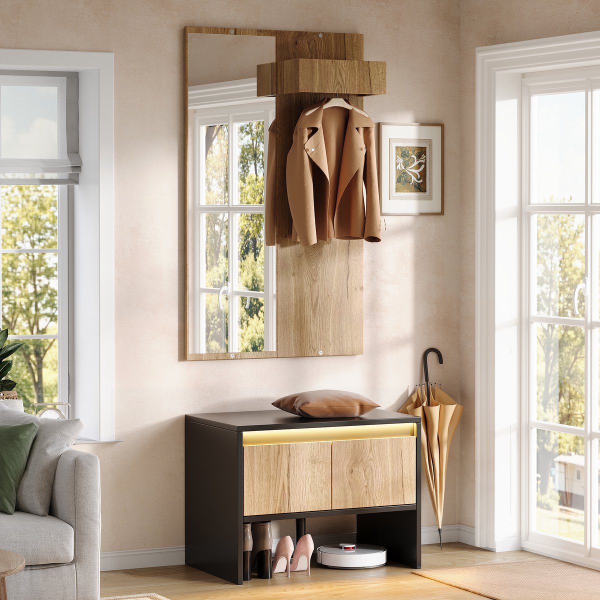 OKWISH Kledingrek Met Spiegel En Schoenbank Met 2 Lades Praktische Kapstok Voor Hal En Entree Spaanplaat Naturel En Zwart 60 X 38 X 145 Cm