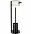 Zwarte toiletrolhouder met toiletborstel op een witte achtergrond.