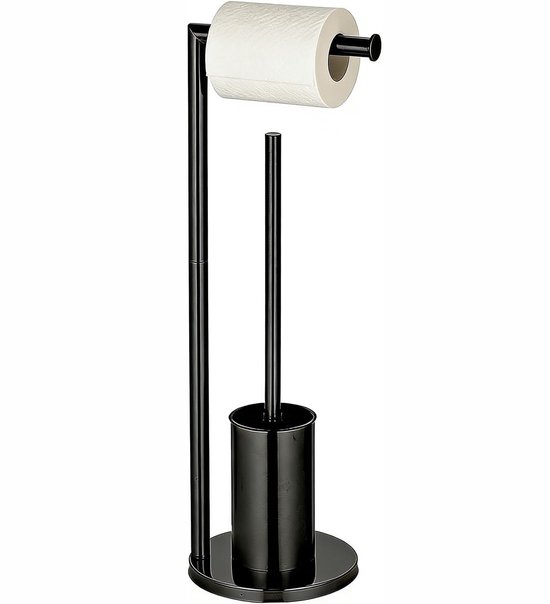 Zwarte toiletrolhouder met toiletborstel op een witte achtergrond.
