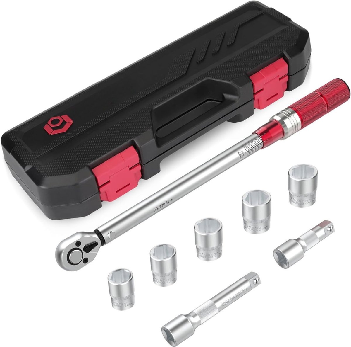 QUOVO® Momentsleutel Auto - Gereedschappen – 8 Delige Set - Handgereedschap – In Koffer – Omkeerbare Ratel - Zilver - 50cm x 10cm x 7cm