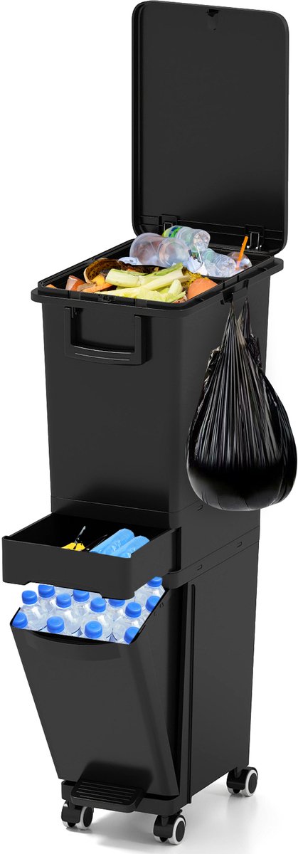 COSTWAY Vuilnisemmer 3 Vakken, 32L Afvalemmer met kantelbare bak, lade & sticker, Tredprullenbak op wielen, 3-in-1 afvalscheidingssysteem met handgreep & haak voor keuken, woonkamer (zwart)