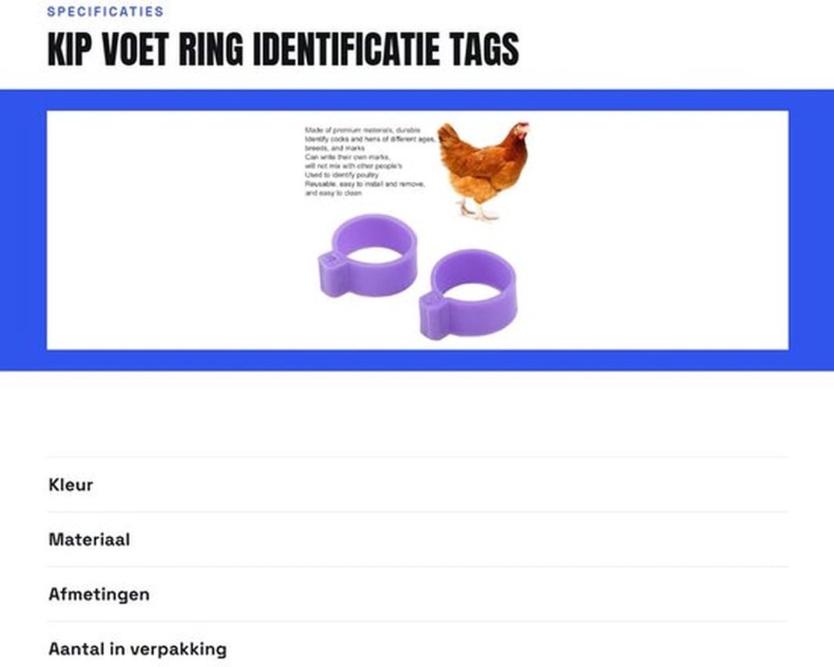 Kippenpootring 100 Stuks - Gevogelte Voetringen - Identificatie Tags - Plastic Ringen - PP-Kunststof - Geschikt voor Kippen/Eenden/Ganzen - Pluimveevoetringen