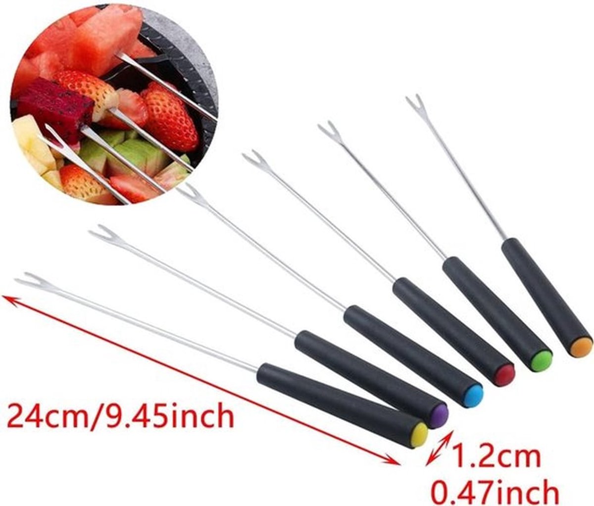 Fonduevorken Set van 6 - Hittebestendige Handgreep - Roestvrij Staal - 24 cm - Veiligheidslengte - Ideaal voor Kaas/Chocolade - Fondueprikkers
