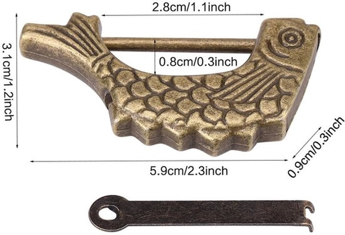 Hangslot Antiek Design - Hangslot voor Lades - Hangslot voor Sieraden - Hangslot voor Koffers - Hoogwaardige Metaal - Visvormige Sleutel - Decoratief Slot