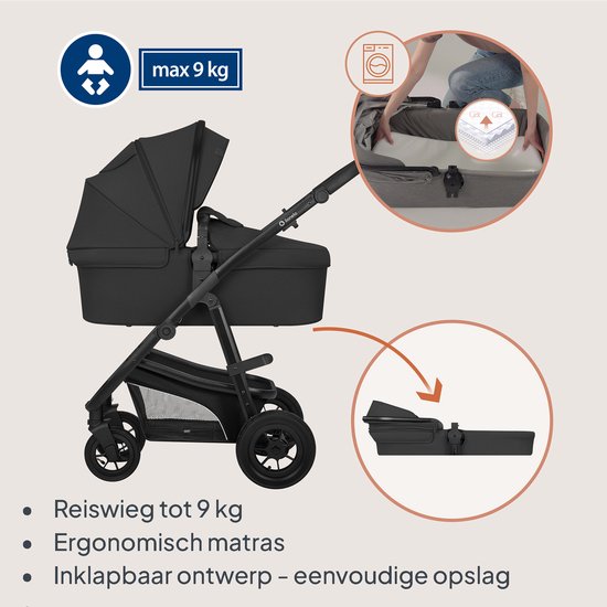 Zwarte kinderwagen met reiswieg, maximaal 9 kg, met inklapbaar ontwerp en verstelbare duwstang.