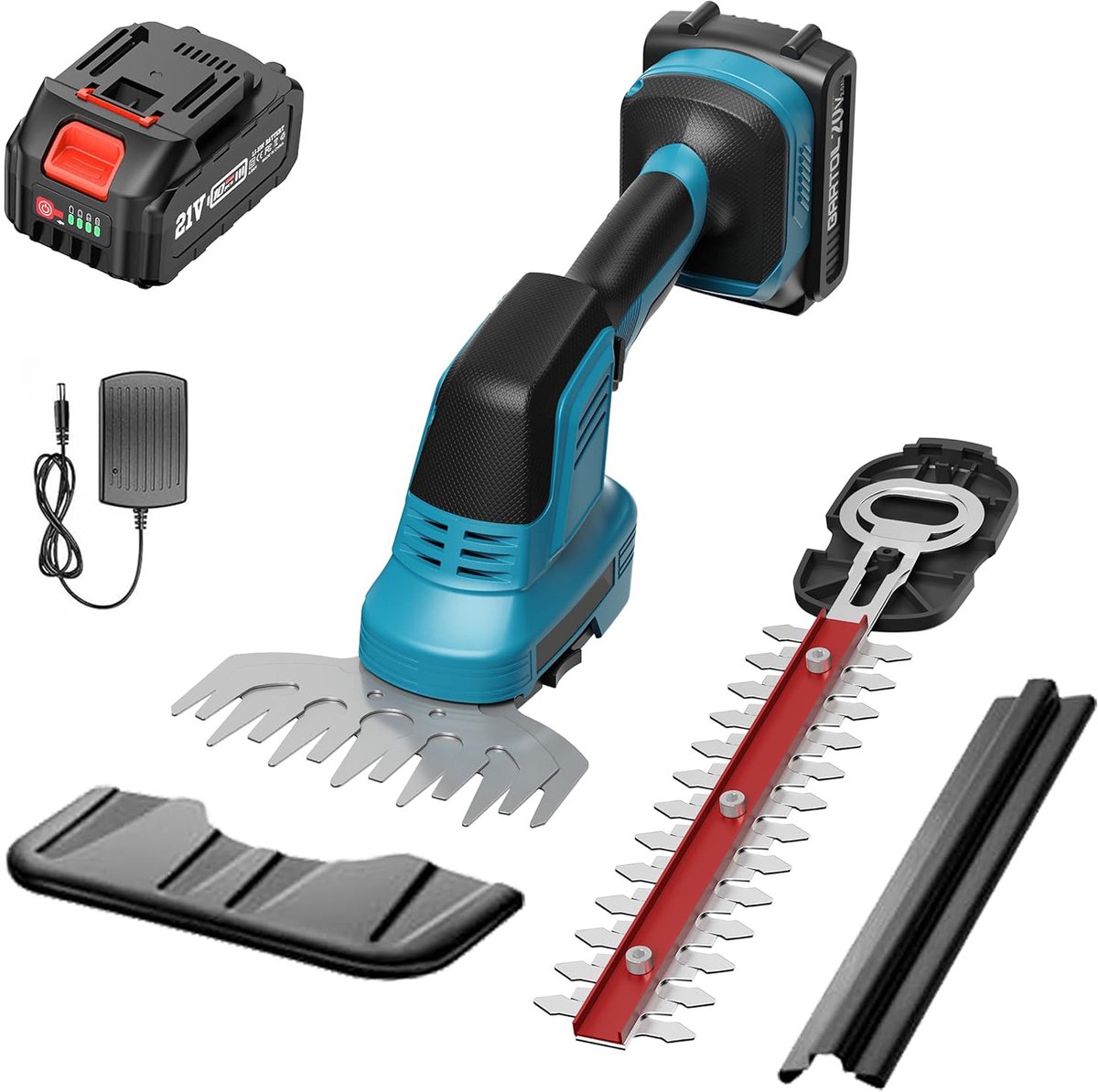 Draadloze Gras- en Heggenschaar - 2-in-1 Elektrische Tuinschaar 21V - 4000 mAh Accu - 2 Verwisselbare Snijbladen - 90° Draaibare Kop - Dubbele Veiligheidsvergrendeling - Voor Gras, Heggen, Struiken en Tuinonderhoud thumbnail 5
