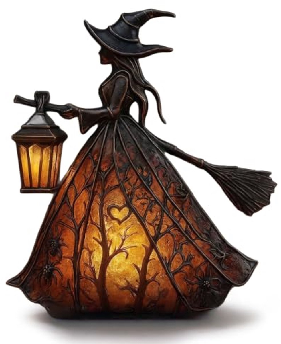 Ryoudavell - Heksenlamp met Lantaarn - Gothic Halloween Decoratie Beeldje met LED Nachtlampje - USB Sfeerlamp Tafellamp voor Woonkamer en Slaapkamer - Spookachtige Pompoen & Heks Nachtlamp Sfeerverlichting - Cadeau Ornament