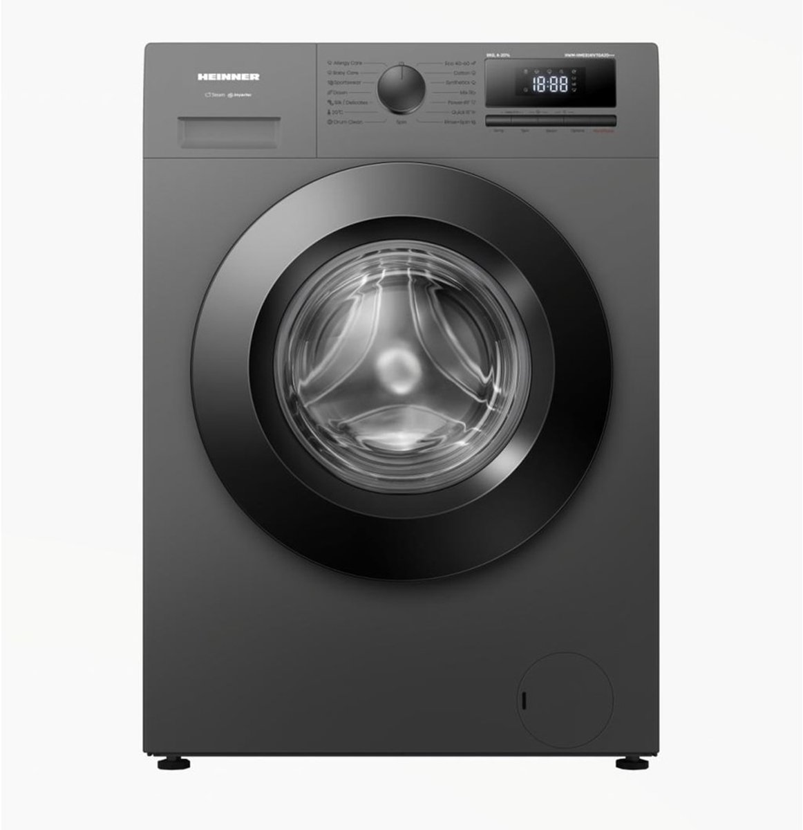 Heinner HWM-HME814IVTGA20+++ Wasmachine – 8 kg – 1400 rpm – Energieklasse A-20% – Inverter Motor – 15 Programma’s – Stoomfunctie – Digitaal Display – Titaniumgrijs – 5 Jaar Garantie