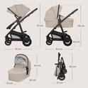 Afmetingen van beige kinderwagen, reiswieg en ingeklapt frame.