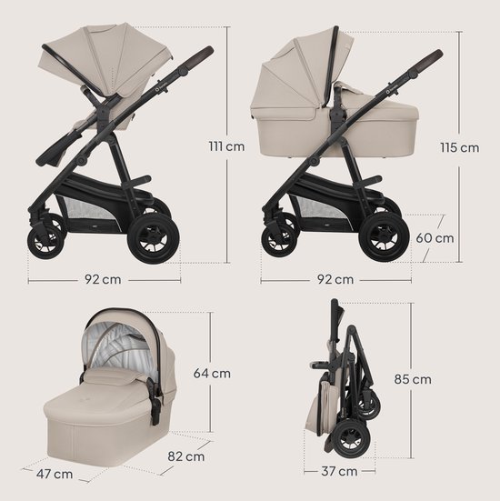 Afmetingen van beige kinderwagen, reiswieg en ingeklapt frame.