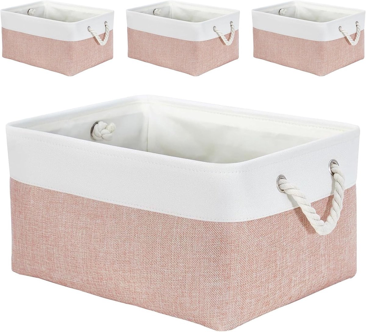 Zachte Opbergdozen in Meerdere Maten, Rechthoekige Mandjes voor Plank, Kleding en Speelgoed, 41 x 31 x 18 cm, Roze en Wit (Groot, 4 Stuks)