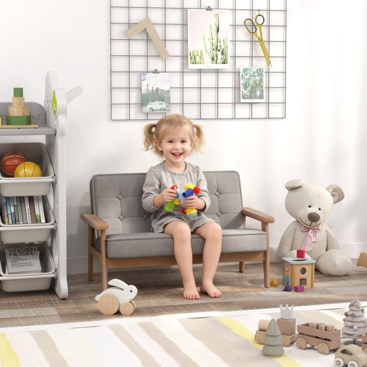 REDOM - Kindersofa - 2-zits - Houten frame en ondersteunende armleuningen - Gevoerd met schuim - Basic stijl - Kinderkamer - Hout en stof - Grijs - 77 x 42 x 48 cm