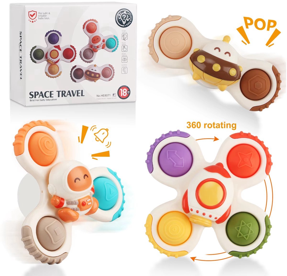 Casalora – Kleurige Draaiende Zuignap Cartoon Vingerbel Speelgoed – Speelgoed Set van 3 – Leuk Baby Bad Speelgoed, Educatief Cadeau voor Kinderen, Geschikt voor 1+ Jaar