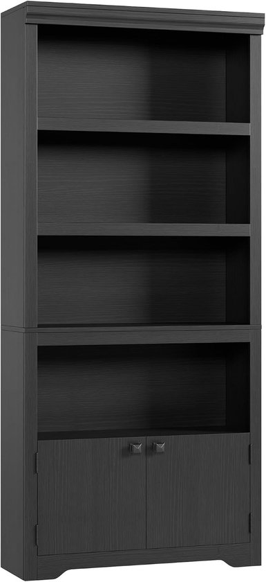Zwarte boekenkast met 5 lagen en 2 deuren, zonder decoraties.
