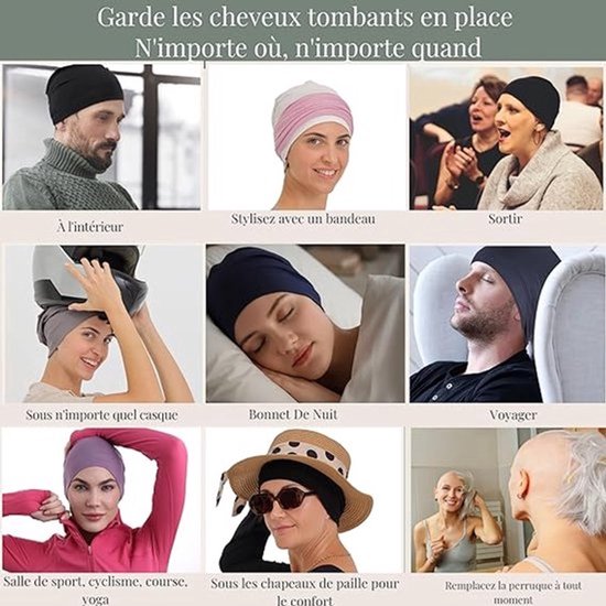 Een collage van modellen die verschillende kleuren en stijlen van de hoofdband dragen voor diverse gelegenheden, zoals binnen, slapen, yoga en buitenshuis.