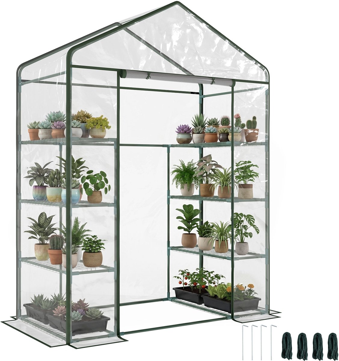 Tuinkas met 4 planken - frame van staal - deur met ritssluiting - 143 x 73 x 195 cm - transparant - PVC-materiaal