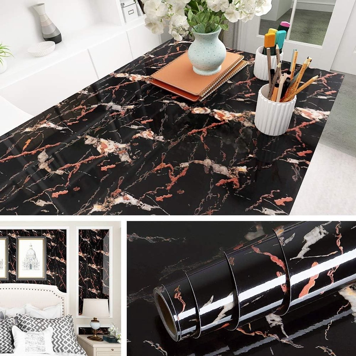 Zwart Zelfklevend Contactpapier voor Marmerlook - Waterdichte Vinyl Wrap voor Keuken, Bureau en Badkamer - 40CMx2M, Ideaal voor Meubelrenovatie en Interieurdecoratie