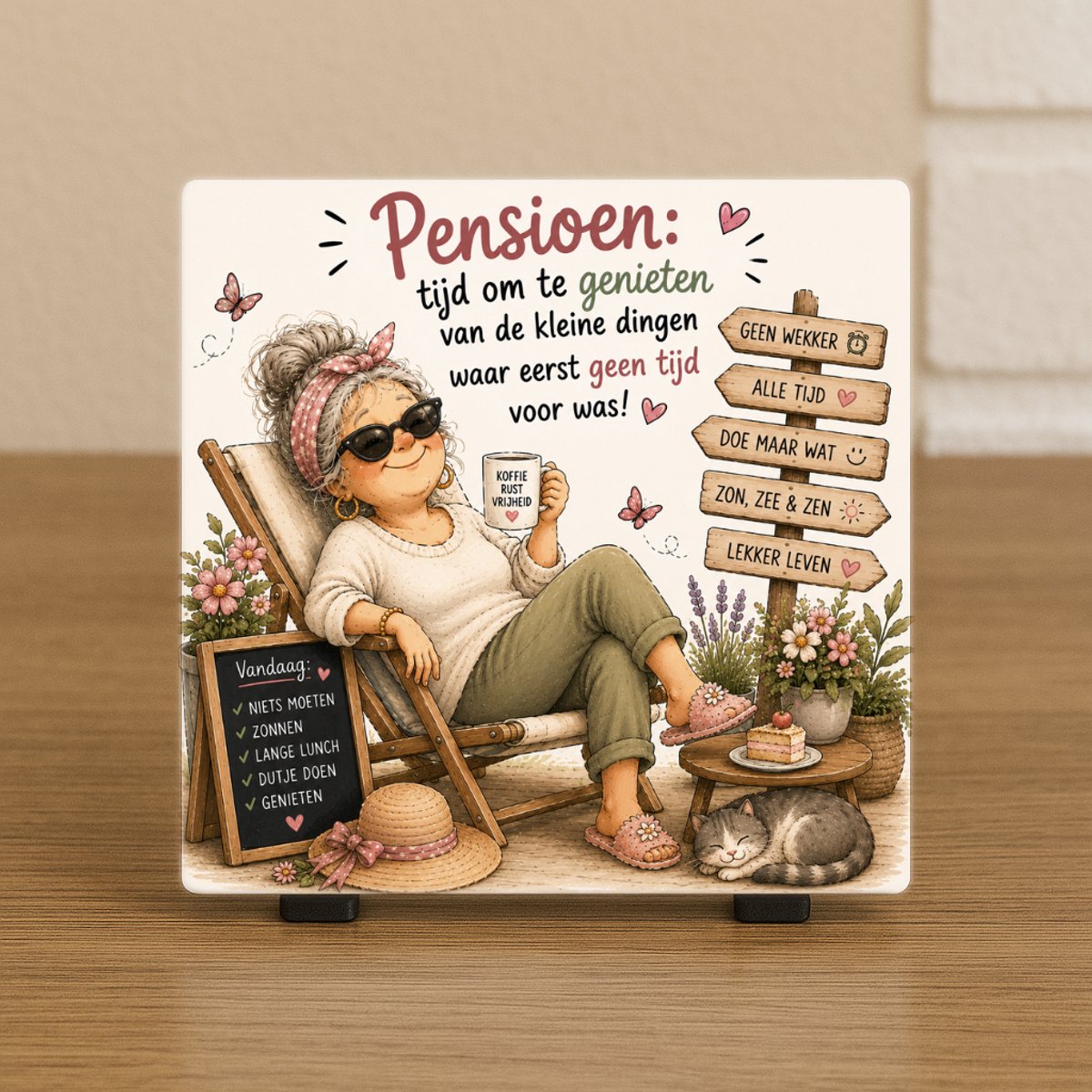 Wenstegeltje “Pensioen: tijd om te genieten van de kleine dingen waar geen tijd voor was” vrouw– Cadeau tegeltje – Trendy nu – Vriend(in) – Collega – Pensioen – Zomaar – Cadeau – Incl standaard