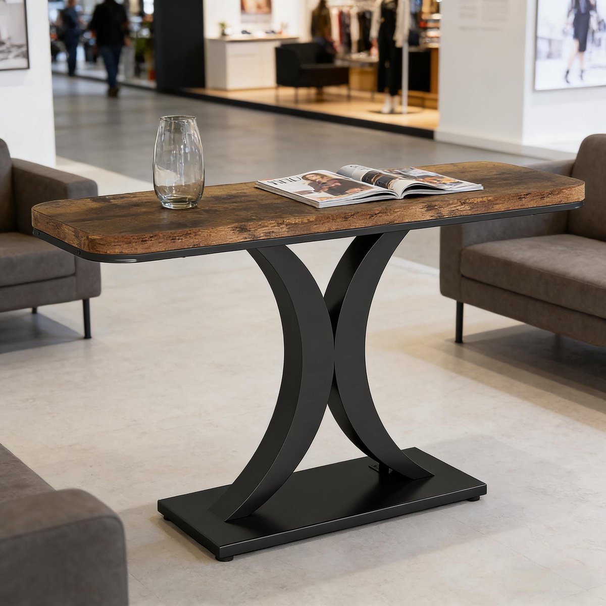 Wishdor Sidetable - Industriële stijl - Gebogen houtlook tafelblad - Geometrisch metalen onderstel - Voor hal, woonkamer of kantoor - Zwart en rustiek bruin - 100 x 30 x 82,5 cm