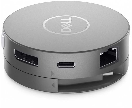 Zilverkleurige, ronde multiport-adapter met Dell logo. Zijkanten tonen HDMI, USB-C en RJ45 poorten.