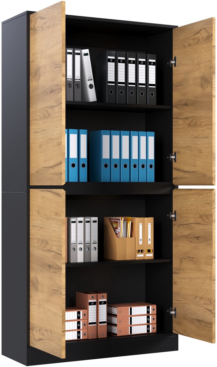 STILVORA Hoge Kast Met Verstelbare Planken En Soft Close - Zwart En Eiken Optiek - Voor Kantoor Woonkamer En Hal - 80 X 35 X 180 Cm — afbeelding 5
