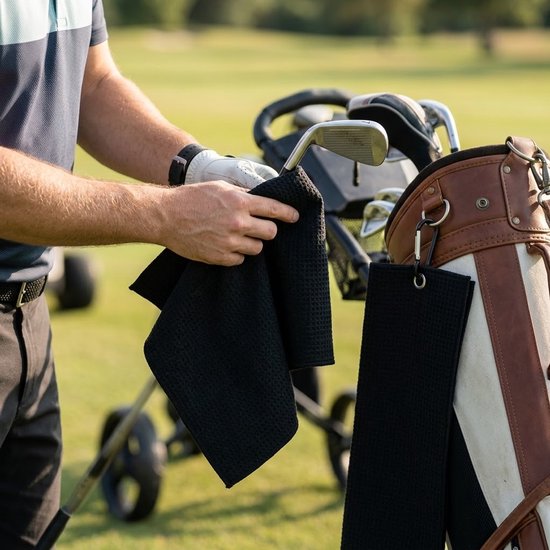 Golfhanddoek set 3 stuks zwart microvezel golfhanddoek unisex wafelstructuur sneldrogend superabsorberend 30 x 50 cm met ophanghaak machinewasbaar geschikt voor golfbag pickleball en bowling — afbeelding 2