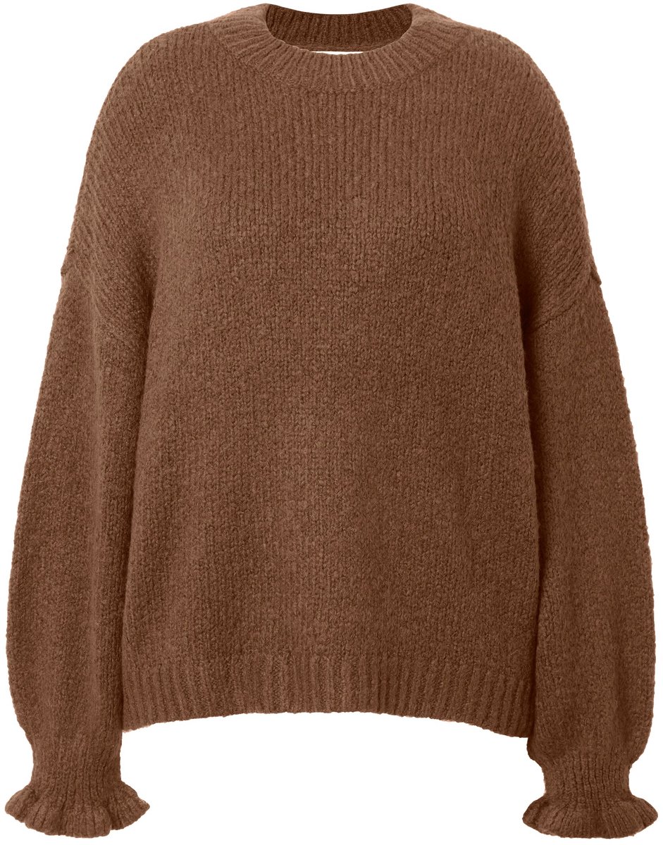 Studio Untold - Dames - Pullover oversized grof breisel mouwen met ruches - Cacaobruin - Maat 54+