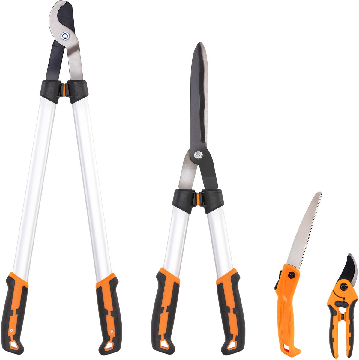 4-delige set tuingereedschap – inclusief snoeischaar en een opvouwbare zaag – met aluminium handgrepen