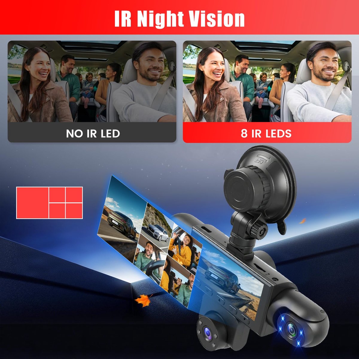 Sogiol® Dashcam Auto - 5 Lenzen (Voor, Achter, Links, Rechts) - 1080P Full HD - WiFi & GPS - Dashcams - Nachtzicht - G-Sensor - Parkeerbewaking - 3,16 Inch met App - Incl. 64GB SD-Kaart thumbnail 3