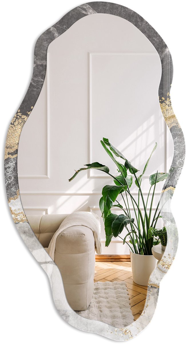 Coloray Marmeren Banden Spiegel - Zwart Elegante Rechthoekige Wandspiegel - Organische Spiegel - Woonkamer - Abstract - 45x90 cm - Totale afmeting 52x97 cm