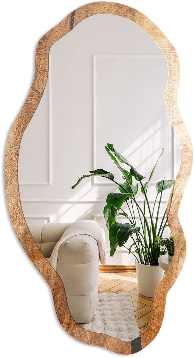 Coloray Houtstructuur Spiegel - Bruin Moderne Rechthoekige Wandspiegel - Organische Spiegel - Woonkamer - Rustiek - 45x90 cm - Totale afmeting 52x97 cm HoutnerfstructuurPrint, Bruin
