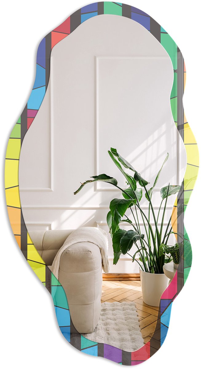 Coloray Kleurrijk Mozaïek Spiegel - Geel Rechthoekige Spiegel Voor Interieur - Organische Spiegel - Woonkamer, Kantoor, Hal - Geometrisch - 45x90 cm - Totale afmeting 52x97 cm