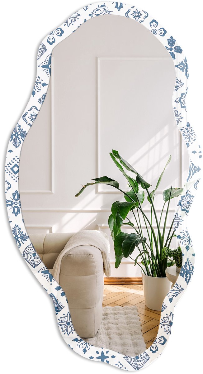Coloray Volkspatroon Spiegel - Blauw Rechthoekige Spiegel Voor Interieur - Organische Spiegel - Badkamer, Keuken, Hal - Geometrisch - 45x90 cm - Totale afmeting 52x97 cm