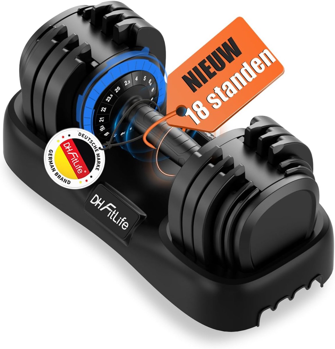 DH FitLife Verstelbare Dumbbell - 2,5 tot 25 kg - 18-in-1 Gewichtsverstelling - Voor Krachttraining Thuis