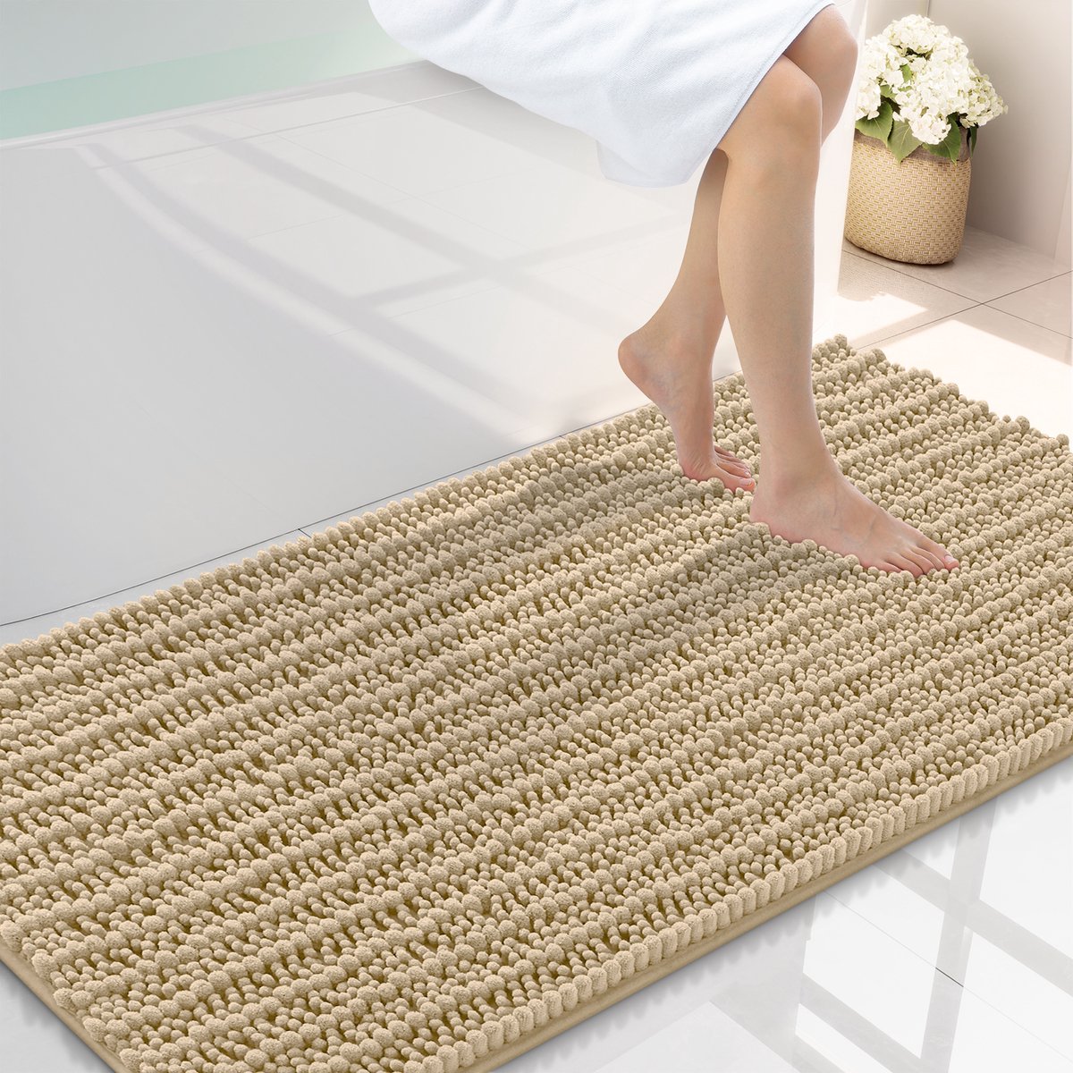 Olanly Badmat Antislip – Chenille Douchemat – Badmat Badkamer – Dik, zacht en absorberend – Beige – 61X112cm