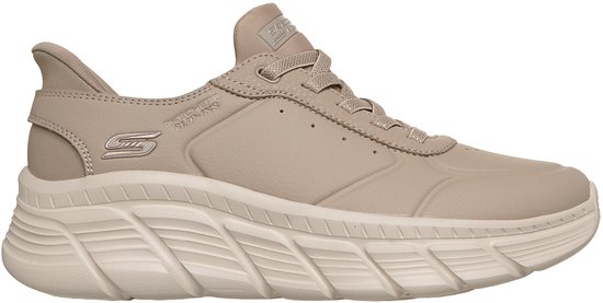 Vue latérale du sneaker beige Skechers Slip-Ins Bobs B Flex Hi pour femme, lacé, avec motif en relief sur la semelle.