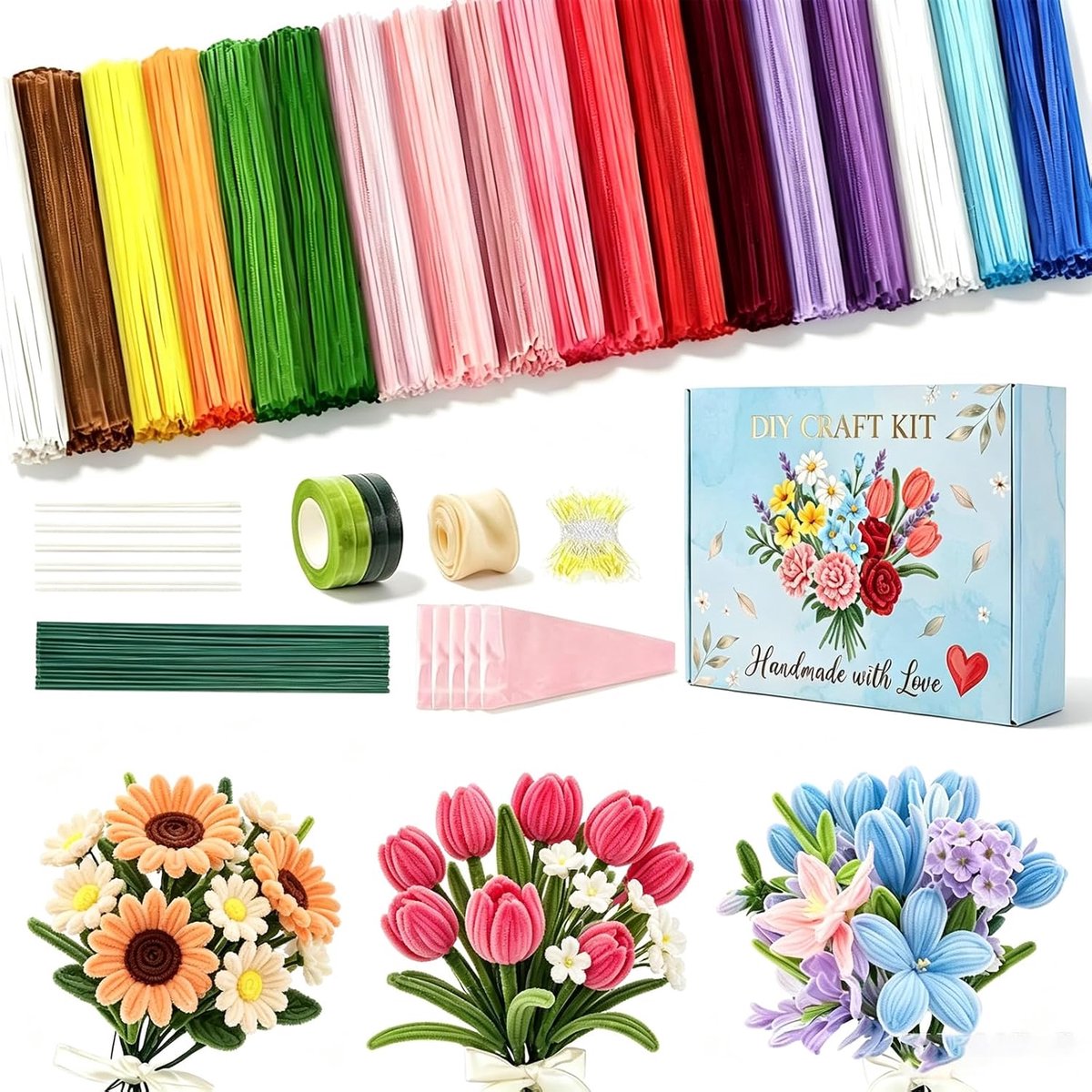 Chenille bloemencraftset - 13 kleuren - buigzaam voor DIY - voor bloemcreaties en knutselwerk - kunstzinnig materiaal voor kinderen - voor hobbyisten - meerkleurig