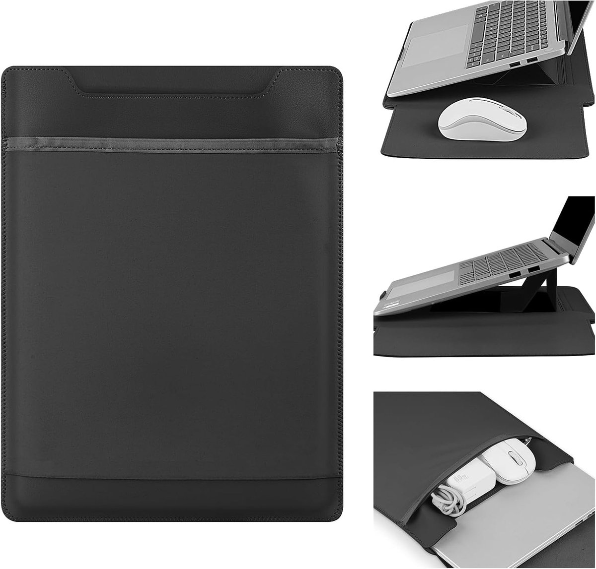 Laptop Hoes met Opklapbaar Standaard - 15/16inch Laptophoes - Multifunctionele Lederlook Sleeve - Beschermhoes met Opbergvakken - zwart