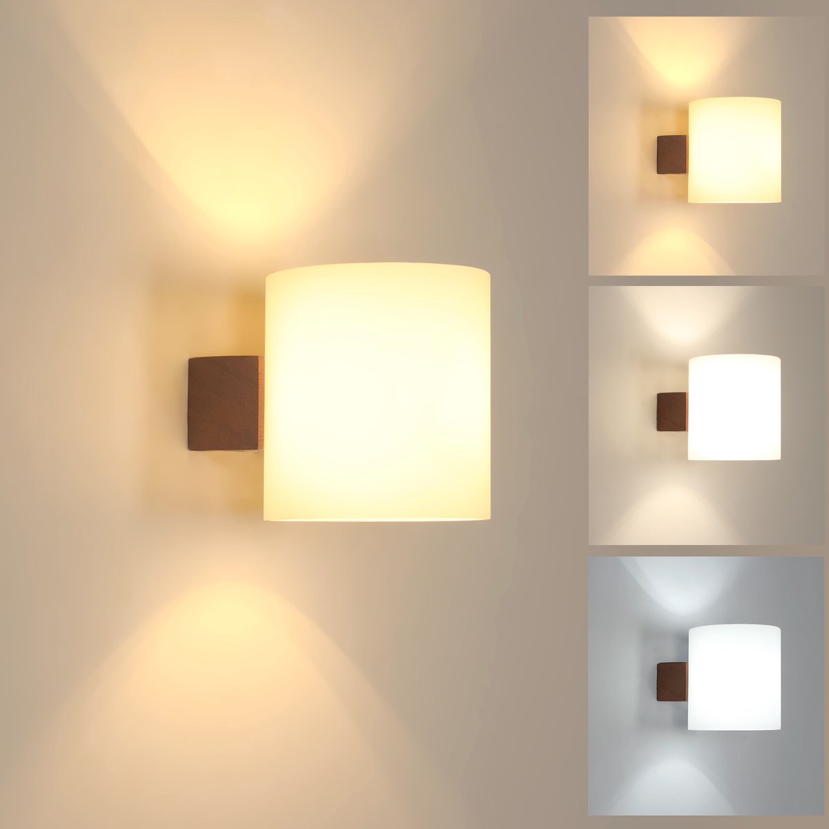 Riserva LED Wandlamp modern minimalistisch cilindervormig, walnoot houten voet, 4W driekleuren 3000/4500/6500K E27, glazen kap, voor studeerkamer, slaapkamer, woonkamer, eetkamer, keuken