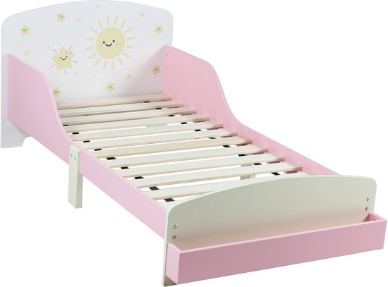 Roze en wit kinderbedje met zon en sterren op het hoofdbord, zonder matras.