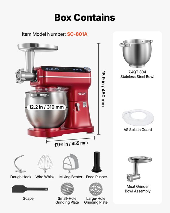 VEVOR Multifunctionele Keukenmachine met Kantelbare Kop 7 liter 2-in-1 1000 W Rood, Mixer voor Deeg, Room, Beslag en Vlees, Kneedmachine met Mengkom, Deeghaak, Klopper en Garde van Vevor — afbeelding 3